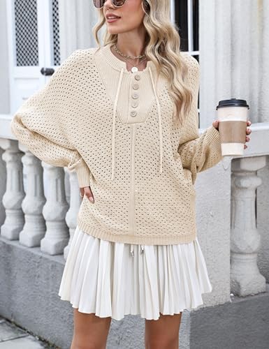 Women Oversized Knit Sweatshirt Hollow Long Sleeve Button Drawstring V Neck Pullover Sweaters3