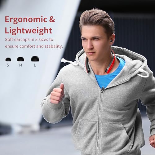Image of Bluetooth Neckband Headphones, Foldable Wireless Lightweight Neck Headset with Retractable Earbuds, Noise Cancelling Sweatproof Stereo Earphones with Mic & Carrying Case (Red)