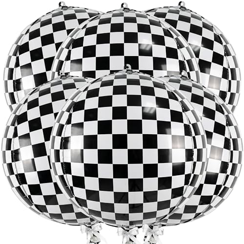 Checkered Balloons 22 Inch Pack of 6 Black and White Checkerboard Foil Balloons Racing Theme Party Decorations Helium Supported Racing Balloons for Birthday