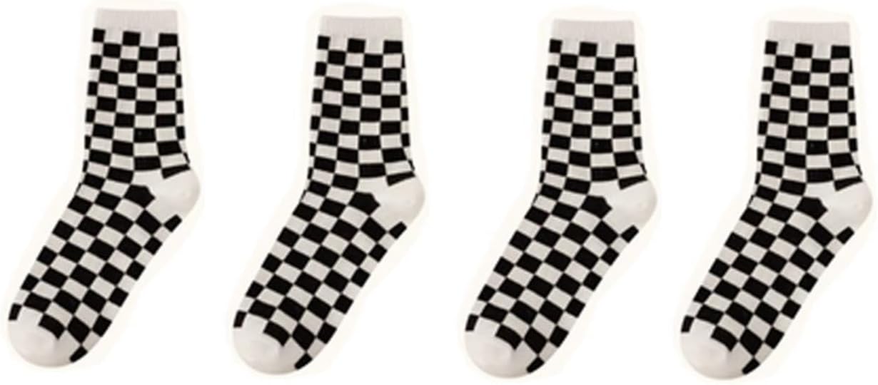 [JUNENTER] チェッカーボード チェック柄 ソックス 黒と白のチェッカー柄 ファッション トレンディ ミッドチューブストッキ