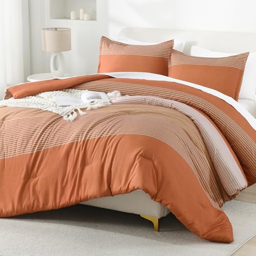 Litanika Pumpkin Comforter Set Twin/Twin XL - 2 Pieces Lightweight Pumpkin White Colorblock Stripe Fluffy Bedding Comforter Sets, All Season Bed Set