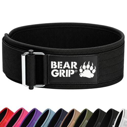 BEAR GRIP Self-Locking Weight Lifting Belt Deadlift Bodybuilding Squat & Powerlifting Premium Weightlifting Gym Belt for CrossFit & Olympic Lifting for Men and Women - (Black New Logo M)