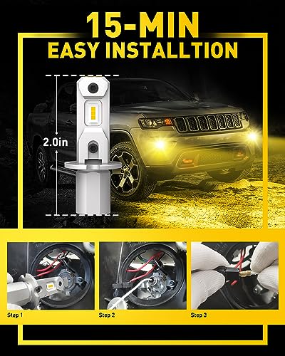 Image of AUXITO H3 LED Fog Light Bulbs 3000K Yellow, Super Penetration, 1:1 Mini Size, Plug n Play, H3ll LED Bulb Light for Fog Lamp, DRL, Pack of 2