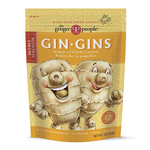 GIN GINS Double Strength Ginger Hard Candy – 100% Natural Candy by The Ginger People – Individually Wrapped Healthy Treats - Made with the Fresh Rhizome – Double Strength Flavor – 3oz Bag – Pack of 1