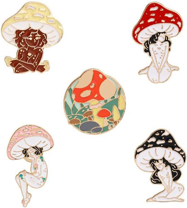 5Pcs Badge Mushroom girl Pins Brooches Enamel Lapel Pin Cute Mushroom Brooch Pin Pins Set Cartoon Mushroom Brooches for Backpack Cloths Hats Gifts