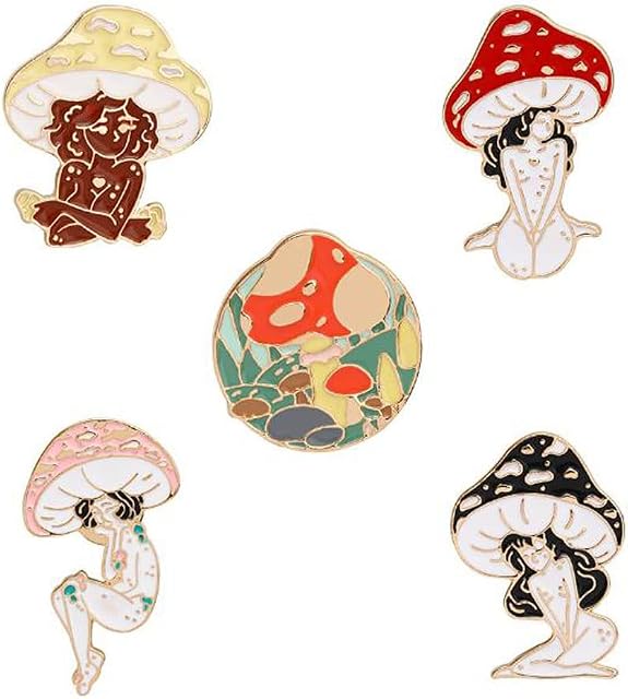 5Pcs Badge Mushroom girl Pins Brooches Enamel Lapel Pin Cute Mushroom Brooch Pin Pins Set Cartoon Mushroom Brooches for Backpack Cloths Hats Gifts
