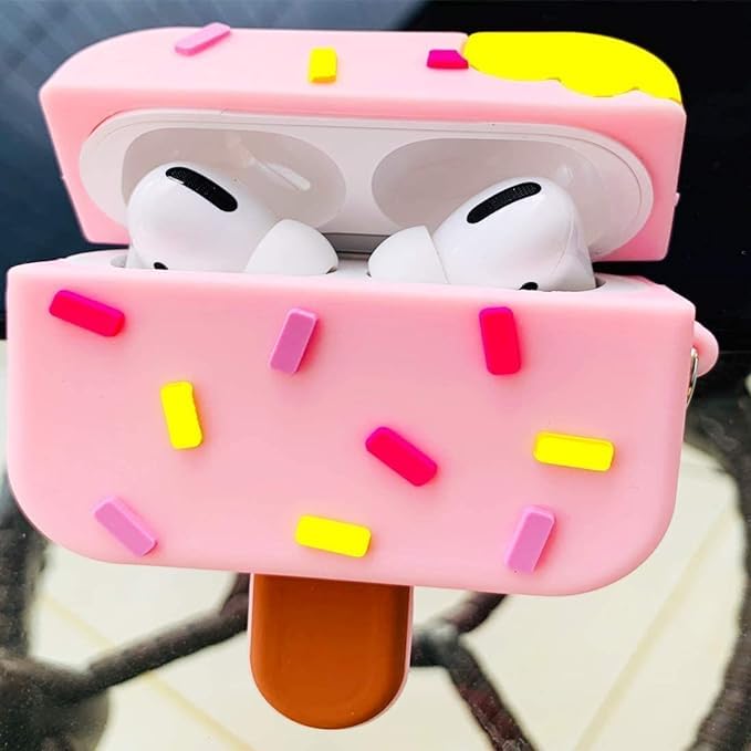 Image of Earphone Cover Compatible for Realme Buds T300, Soft Silicone Skin Shock-Absorbing Protective Case With Keychain (Front LED Visible) (Ice Cream Strawberry)