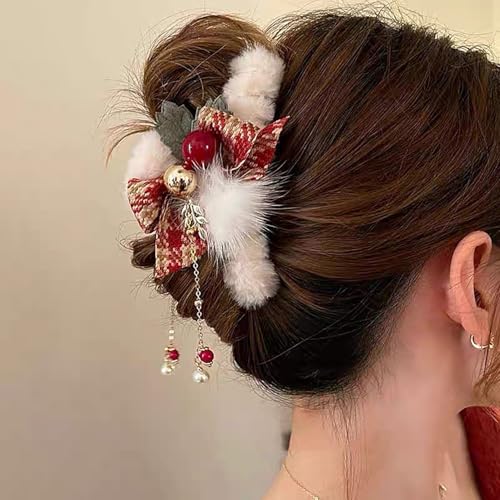 Pinza de cabello roja de Navidad para mujer con borlas miniatura 5