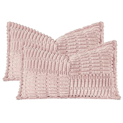 JOTOM Set of 2 Corduroy Soft Striped Cushion Covers with Splicing 30x50 cm Boho Decorative Throw Pillow Covers Lumbar Cushion Case Couch Pillowcases for Sofa Bed Home Decor 12x20 Inch (Pink) - Image 3