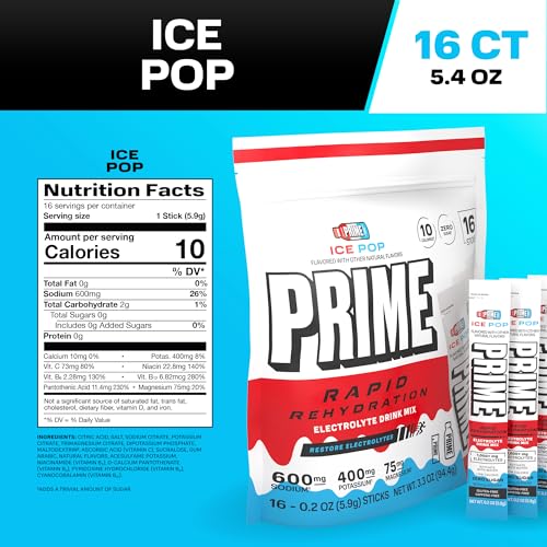 Image of Prime Rapid Rehydration Electrolyte Powder Sticks, Ice Pop, Sugar Free Hydration Drink Mix with Sodium, Potassium, Magnesium & B Vitamins to Replenish Fluids, Caffeine Free, 16 Count