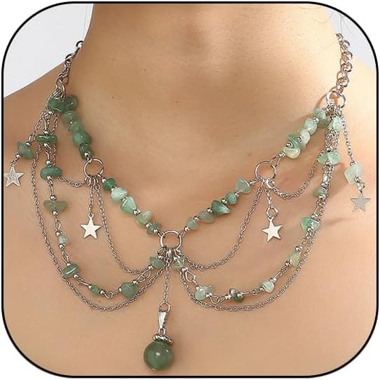 Meztole Renaissance Fairy Necklace for Women,Y2K Star Sun Moon Natural Crystal Tassel Chain Choker Necklaces Fantasy Renfaire Necklace for Woodland Fairycore Jewelry Cosplay Costume Accessories