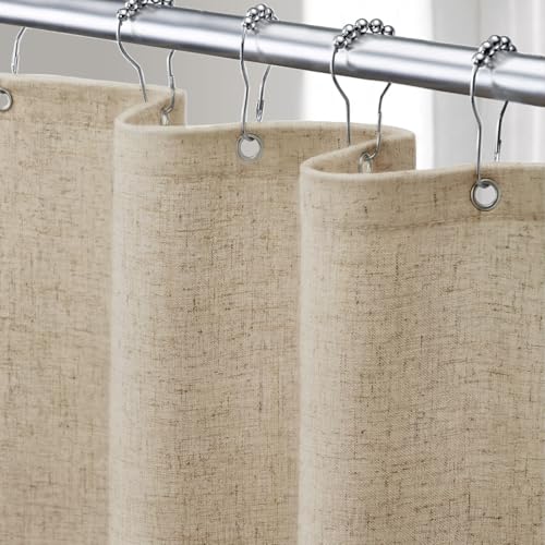 XOGUIBO Linen Shower Curtain Flax Tan, Fabric Boho Farmhouse Shower Curtains for Bathroom Cotton Natural Cloth Liner Set 72" W x 72" L