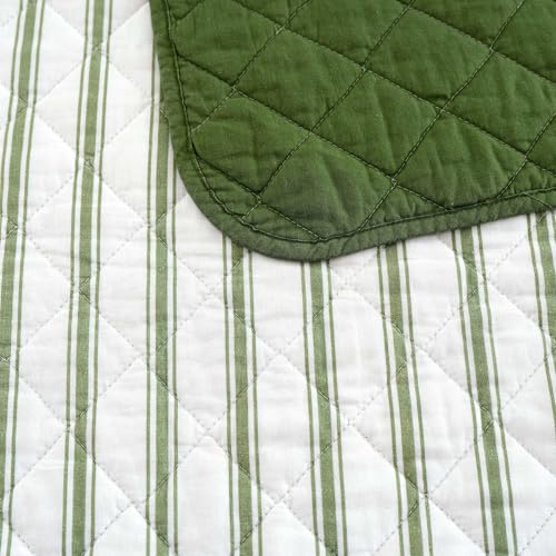 Image of Martha Stewart - King Quilt Set, 100% Soft & Breathable Bedding with a Lightweight Feel for Year Round Comfort, 3 Piece Bed Set with Matching Pillowcases (Ticking Stripe Green)