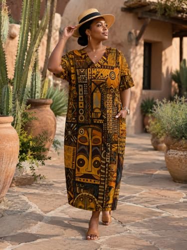 Image of SUZONANA Plus Size Dresses for Curvy Women African Print American Dress Summer Outfits Casual Loose with Pocket
