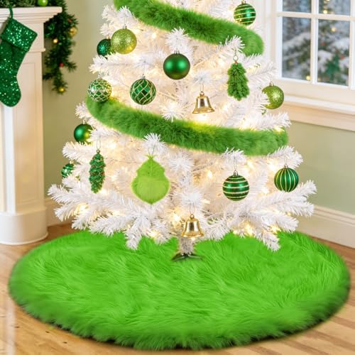 Green Christmas Tree Skirt, 30 inch Fluffy Green Faux Fur Christmas Decorations Tree Ornaments for Slim Pencil Tree, Furry Winter Holiday Xmas Tree Rug