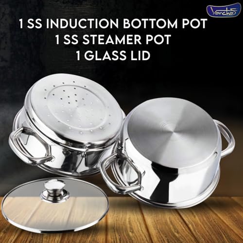 Image of VARCHAS Stainless Steel 2 Tier Momo Steamer 20cm Diameter with Glass Lid and Riveted Handles | Multi Purpose | Induction Bottom and Gas Base | Silver