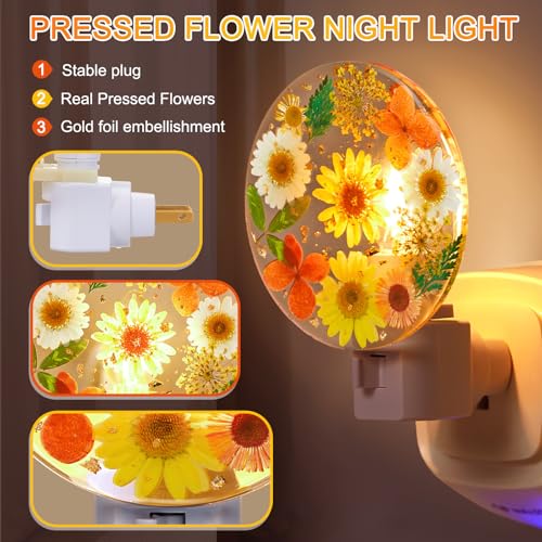 Image of Glooglitter Pressed Flower Night Light Plug in-Handmade Dried Floral Wall Night Light, Soft Glow Decorative Nightlight for Hallway Bedroom Nursery Bathroom, Vintage Botanical(Orange,Flower)