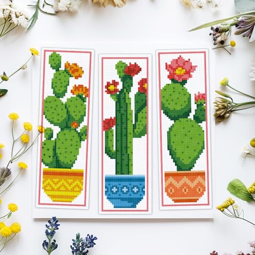 Image of ACRNIGHEET 6PCS Cactus Cross Stitch Bookmark Kit for Beginner Stamped Cross Stitch Kits for Adults DIY Embroidery Bookmark Kits Crossstitch Kits Adult with Instructions Hand Craft Gift 11CT