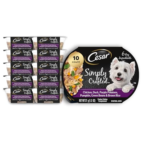 Image of Cesar Simply Crafted Wet Dog Food Toppers, Chicken & Duck, 1.3 oz, 10 Count | Real chicken #1 ingredient, 6 key ingredients, no by-products or artificial flavors, natural, slow-cooked, single-serve tubs