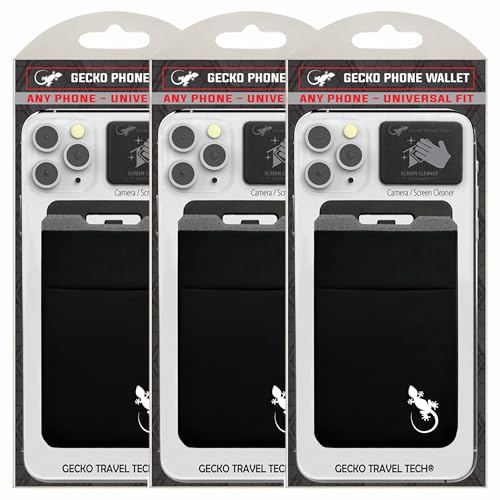 Image of Gecko Travel Tech Double Pocket - Adhesive Card Holder - Cell Phone Pouch - Stick on Lycra Pocket - Carry Credit Cards and Cash (3 PACK - BLACK WHITE)