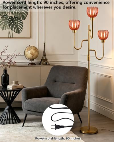 Image of 3-Light Red Tulip Glass Floor Lamp, Dimmable Standing Floor Lamp with 3 Bulbs Included, 3000K Warm White Gold Tall Floor Lamp for Living Room Bedroom Sofa Corner, Modern Romantic Reading Floor Lamp