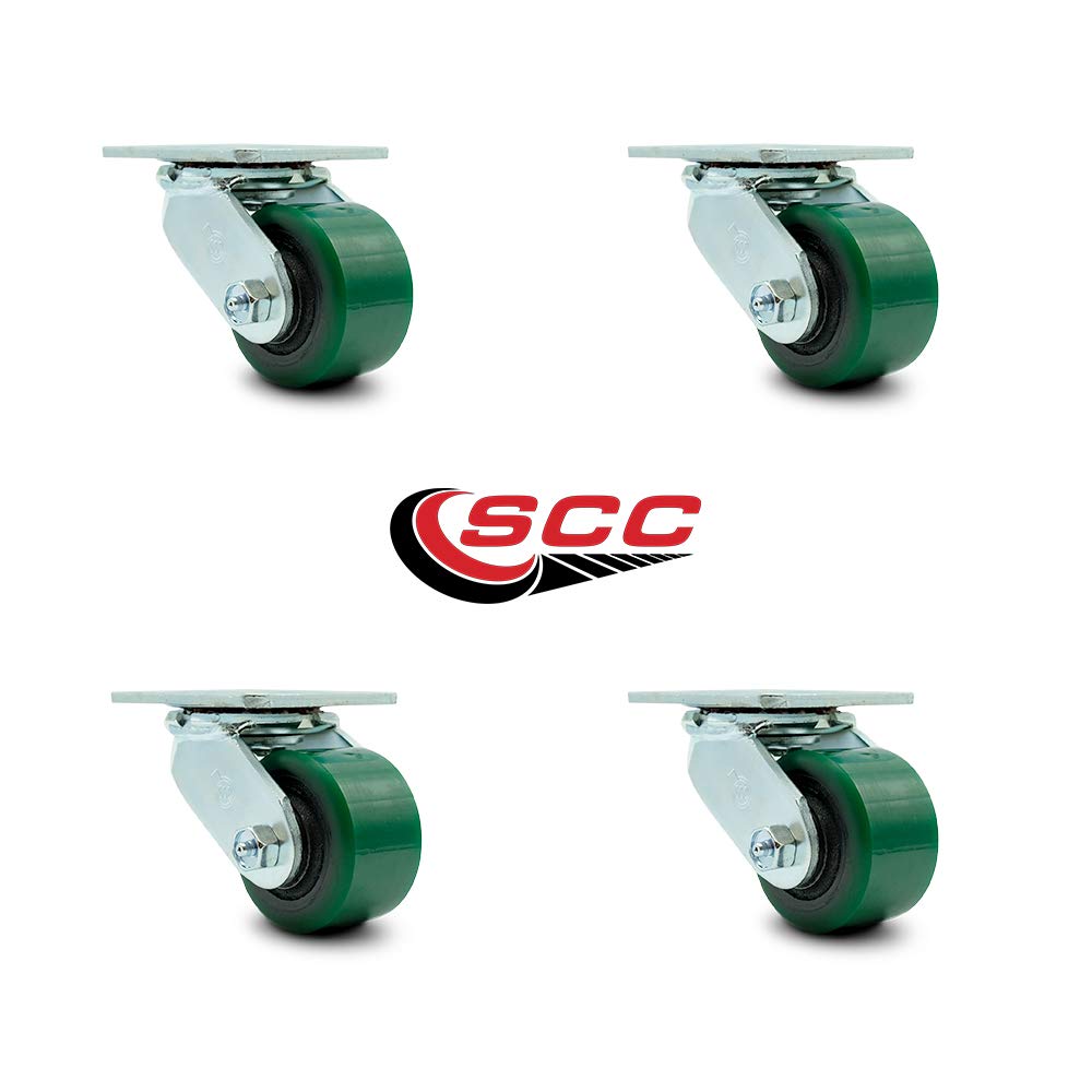 Heavy Duty Swivel Caster Set of 4 with 3.25 Inch Green Polyurethane on Cast Iron Wheels and Ball Bearings - Includes 4 Swivel - 2,400 lbs. Total Capacity - Service Caster Brand