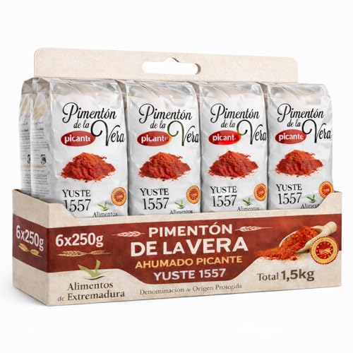 Pimentón de la Vera Ahumado Picante, Denominación Origen Protegida, Pimentón Yuste 1557, Producido en Extremadura, Ideal para guisos, carnes, salsas y platos tradicionales, 6 bolsas de 250 gr