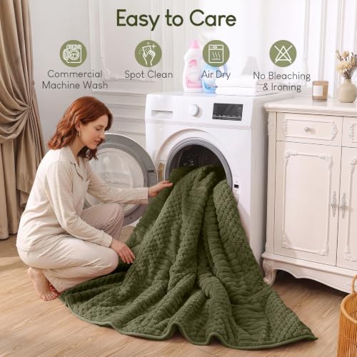 Image of Cottonblue Sherpa Fleece Weighted Blanket 15 lbs for Adults Queen Size, Soft Fuzzy Jacquard Weighted Blankets Throw 60 inch x 80 inch for Sleep Relax, Cozy Warm Knitted Heavy Blanket for Bed Sofa, Army Green