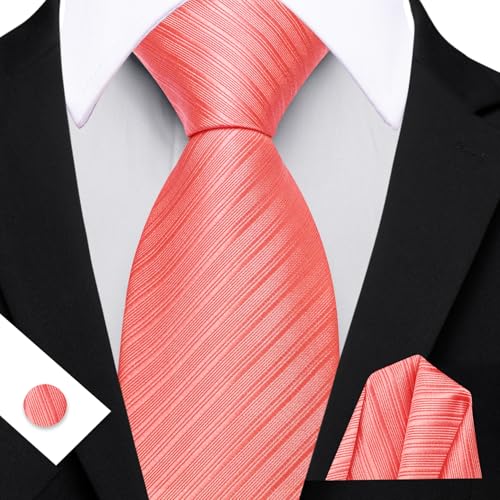 Image of Barry.Wang Solid Striped Tie for Men Silk Necktie Pocket Square Cufflinks Formal Wedding Party Business