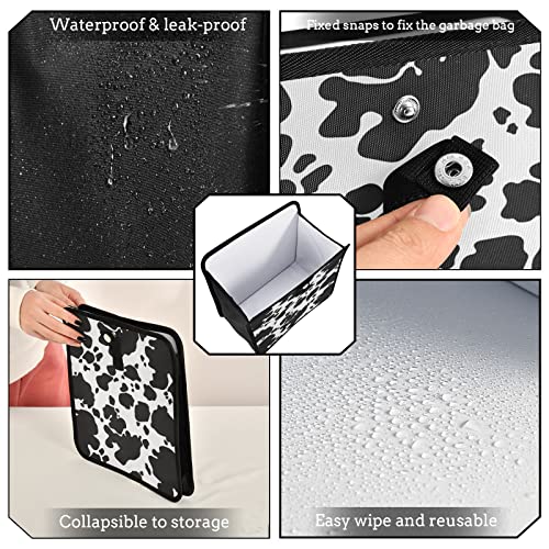 Image of Black White Cow Car Trash Can Foldable Hanging Animal Skin Print Car Trash Bag Bin Auto Garbage Can Leak-Proof Car Organizer(Large)