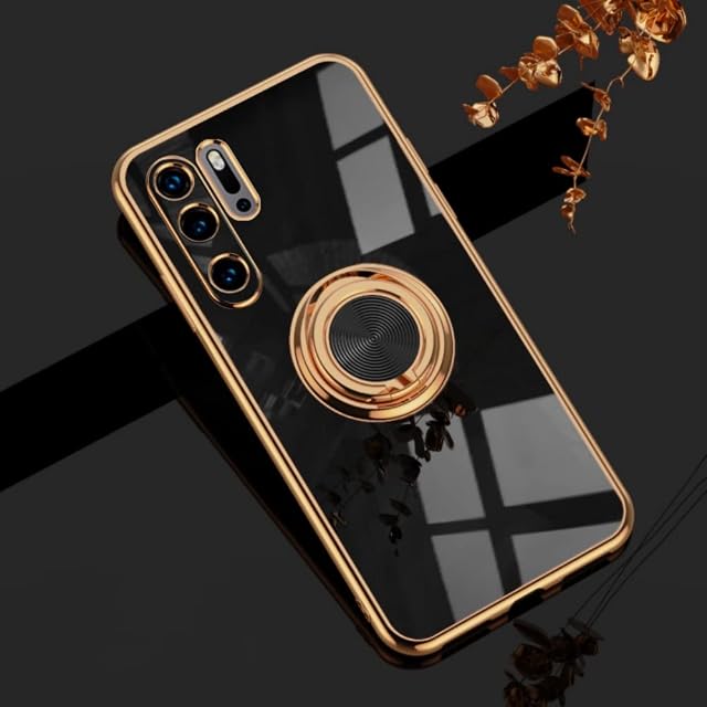 EYZUTAK Electroplated Magnetic Ring Holder Case, 360 Degree with Rotation Metal Finger Ring Holder Magnet Car Holder Soft Silicone Shockproof Cover for Huawei P30 Pro - Black