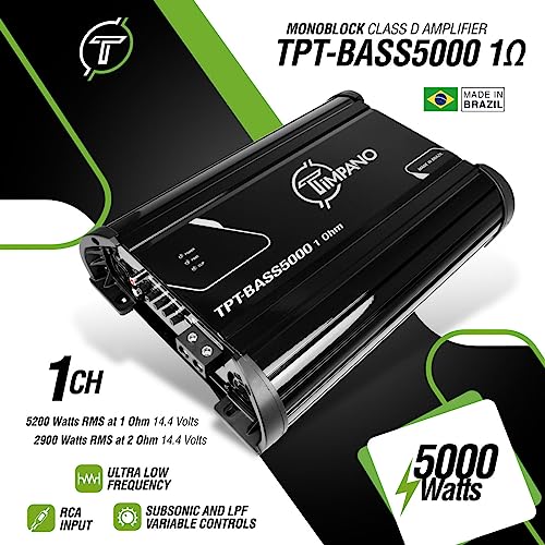Image of Timpano 5000 Watts Mono Subwoofer Car Audio Amplifier TPT-BASS5000 1 Ohm - 12 Volts 5K Monoblock Class D Car Amp, Built-in Crossover & Bass Boost with Smart Fans