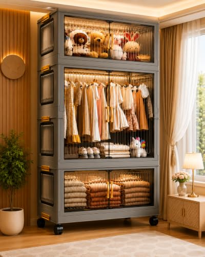 Image of Plastic Wardrobe for Cloths | 3 Layer Stackable Almirah with Hanging Rod, Transparent Doors, Wheels | Foldable Storage Cabinet Organizer for Clothes /Books /Toys