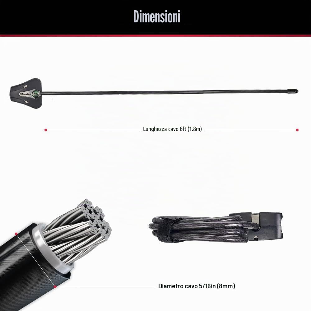 Master Lock, Lucchetto per bici con cavo nero e chiave, cavo regolabile in metallo con rivestimento in vinile, resistente alle intemperie, per attrezzature da esterno, biciclette, telecamere trail,
