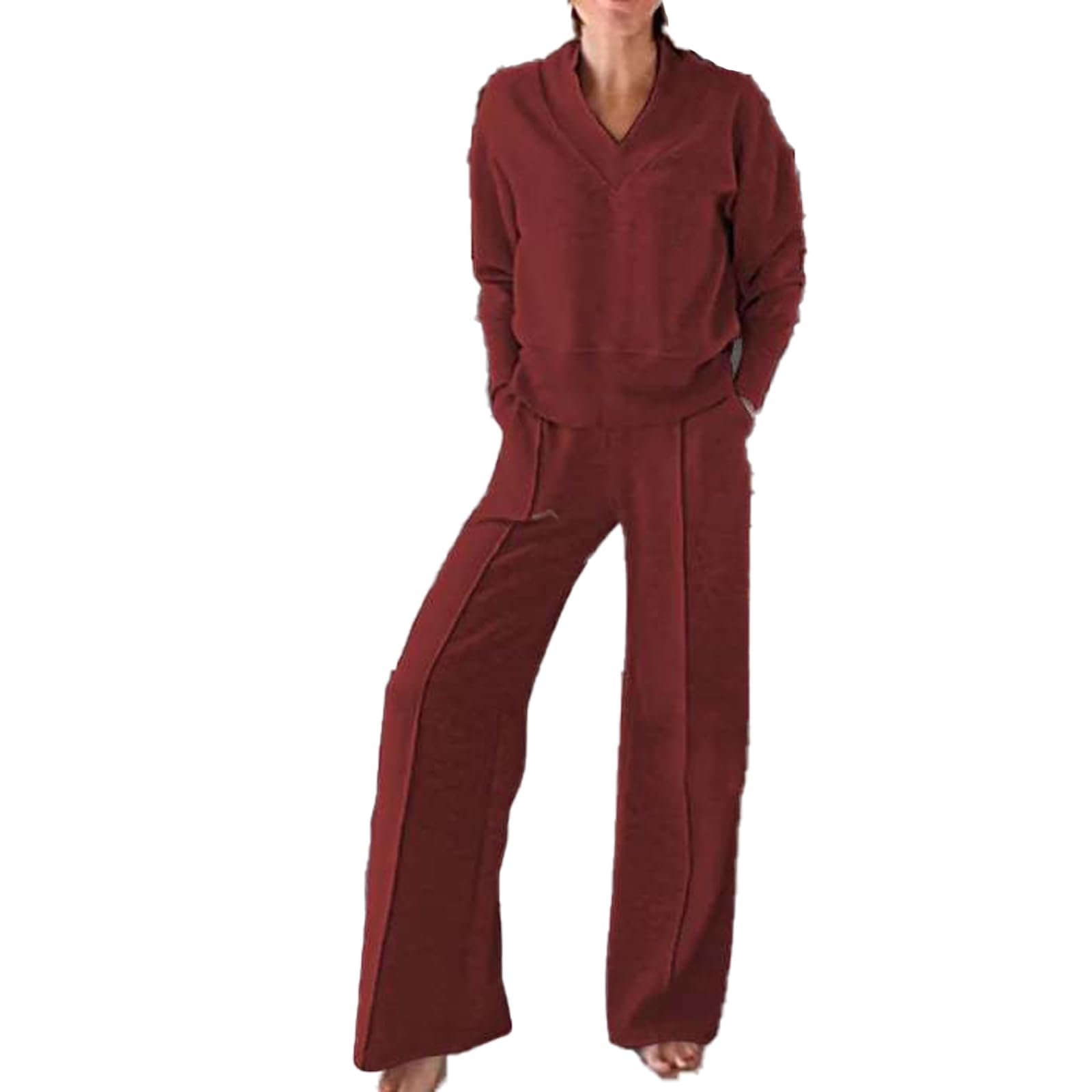 Conjunto de Dos Piezas de Top y pantalón con Escote en V de Color Liso para Mujer, Conjuntos Casuales de Mujer con Pantalones Largos de Pierna Ancha, Conjunto de salón de otoño (XXL,Claret)