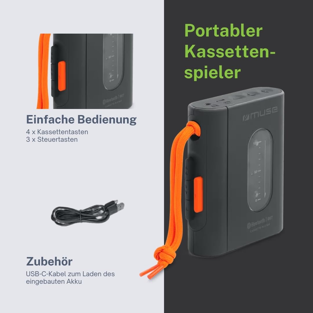 Muse Kassettenspieler - Tragbarer Kassettenspieler mit Kopfhöreranschluss und Bluetooth | Schnelles Aufladen per USB-C - Schickes Design | Schwarz
