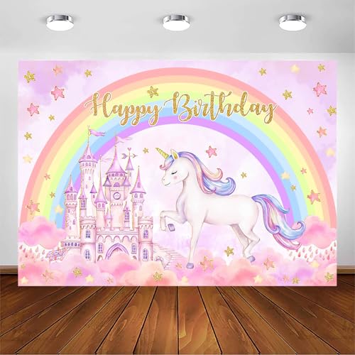 Avezano Telón de fondo de cumpleaños de unicornio para niñas, arcoíris, unicornio, pastel, nube, castillo, telón de fondo de unicornio, fondo de fotografía, decoración de cabina de fotos (7 x 5 pies)