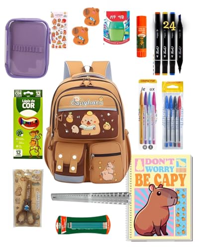 Kit Material Escolar Capivara Completo, Mochila Personalizada Capybara com Estojo, Caderno, Canetas, Lápis de Cor, Adesivos e Acessórios Escolares
