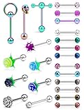 Oufksiyy 14G Tongue Rings 23PCS Surgical Steel Glow in The Dark Glitter Painting Skull Flower CZ Heart T Shape Tongue Nipple Straight Barbells Piercing Jewelry for Women Men 16mm (5/8 Inch) Rainbow