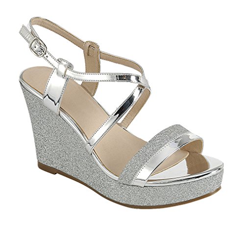 Cambridge Select Women's Open Toe Crisscross Ankle Strappy Mixed Media Glitter Platform Wedge Sandal (10 B(M) US, Silver… - Image 3