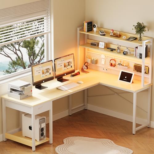YOUDENOVA Escritorio Gaming en L con Pegboard y LED y Enchufes, 155 × 100 cm Escritorio Gamer Reversible con Estantes, Escritorio Esquinero para Jugadores Blanco