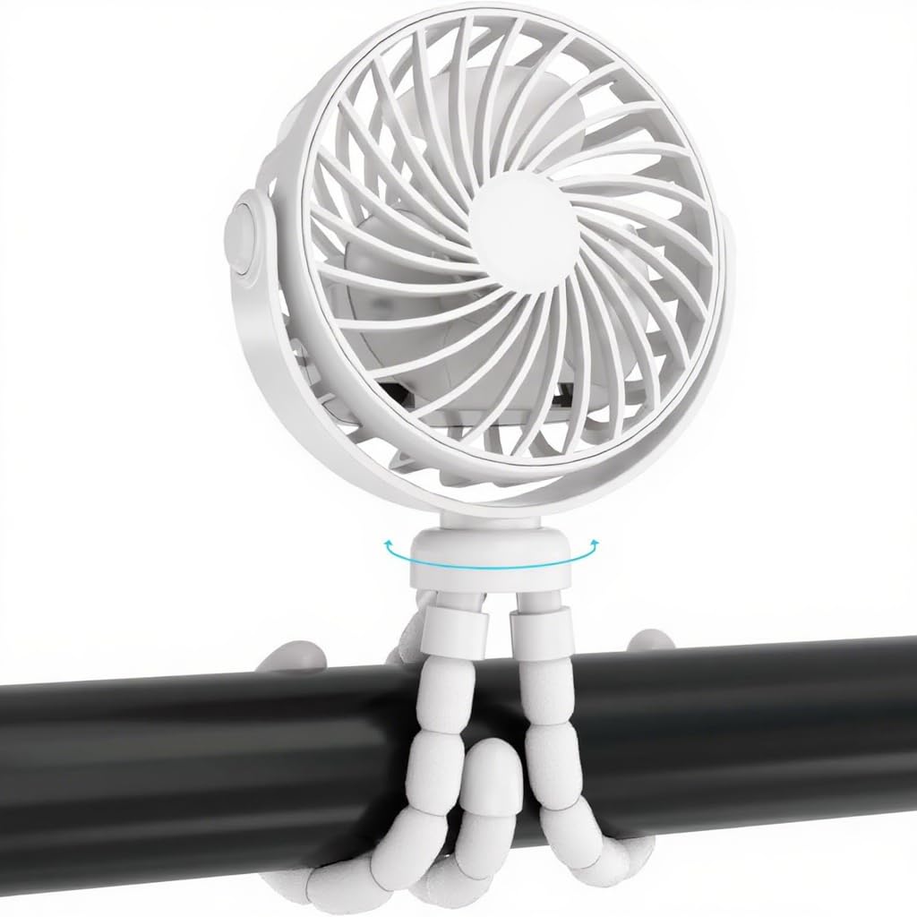 Eclipto Pram Fan, Pram Fan Clip On Stroller, Mini Portable USB Rechargeable Pushchair Fans with 3 Speeds & Night Light, 800mAh Battery. Ideal for Car, Stroller, Bike & Camping (White)