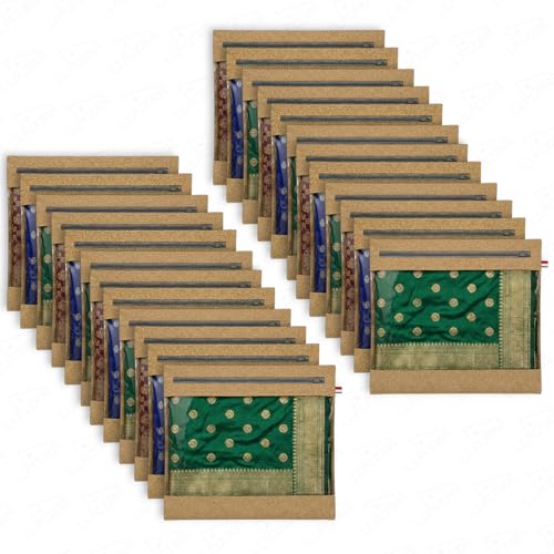 Image of Lukzer Single Non-Woven Leather Printed Saree Covers for Storage Set of 24 (16 x 14 Inch) Big Size Bags with Zip Closure & Transparent Window Wardrobe Organizer for Clothes /Lehenga /Dresses SSC-03-24