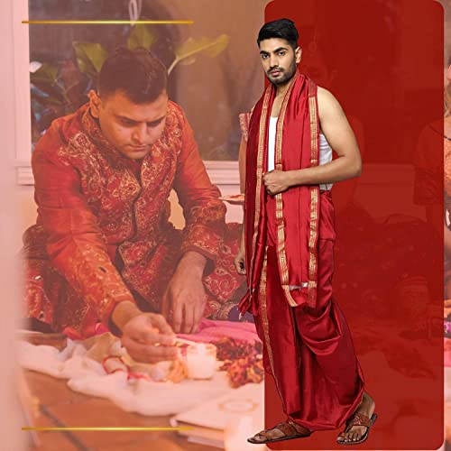 Image of Rameshwaram Fabrics Readymade Dhoti for Men, Velcro Style Stitched Mens Silk Dhoti Pant with Stole Set