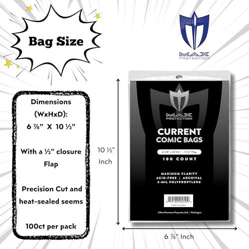 Image of Max Protection Max Pro Current Comic Bags - Archival Quality Acid-Free Storage for Comic Books - Crystal Clear 2 mil Polypropylene - 6-7 /8 inchx10-1 /2 Protection - (100 Bags)