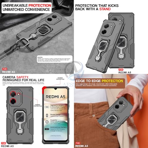 Image of AESTMO Armor Back Cover for Redmi A5 / Poco C71 | Ring Holder & Kickstand & Camera Protection in-Built | 360 Degree Protection Back Case Cover (Black)