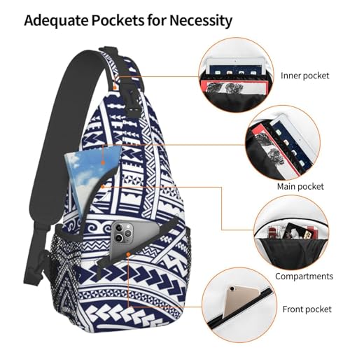 WURTON Blue Polynesian Maori Tribal Pattern Print Crossbody Backpack Shoulder Bag Cross Chest Bag For Travel, Hiking Gym Tactical Use3