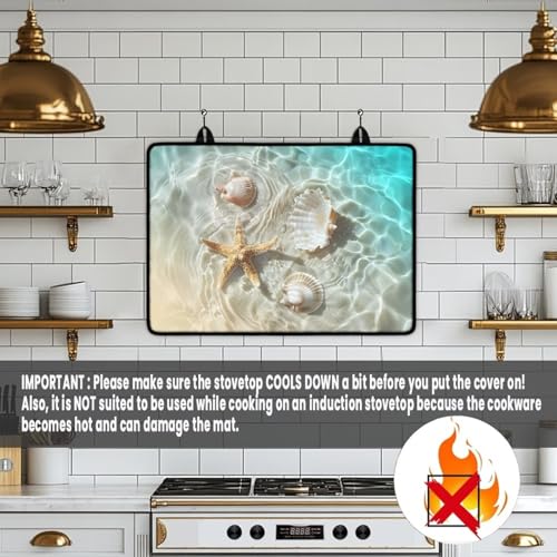 Image of Poceacles Stove Top Cover for Glass Stove Top, Ceramic Glass Stove Cover Mat Oil Resistant Prevent Scratching Oven Mat Protector Expands Usable Space, Beach Starfish Seashell
