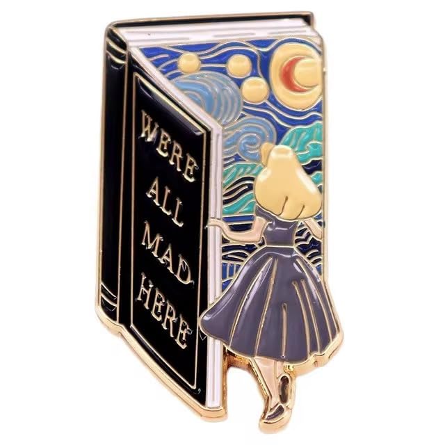 We're All Mad Here Book Enamel Pin, Alice in Wonderland Starry Night Design, 1.38 x 0.75 inch