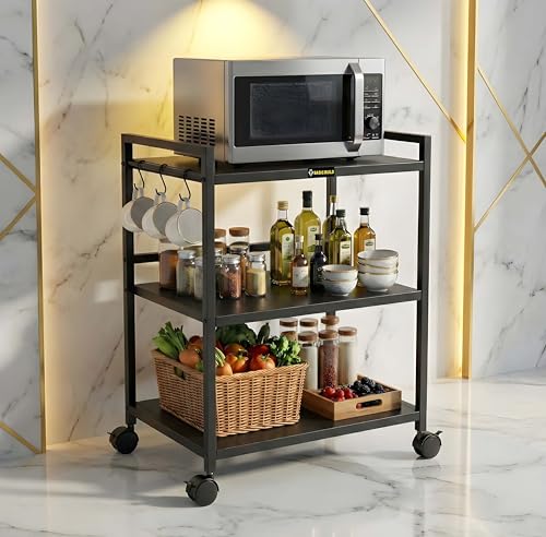 Image of Heavy Duty 3 Tier Microwave Oven Stand for Kitchen | Multi-Purpose Metal Rack with Wheels | Storage Organizer for Oven, OTG, Air Fryer, Printer, and Appliances (Black)